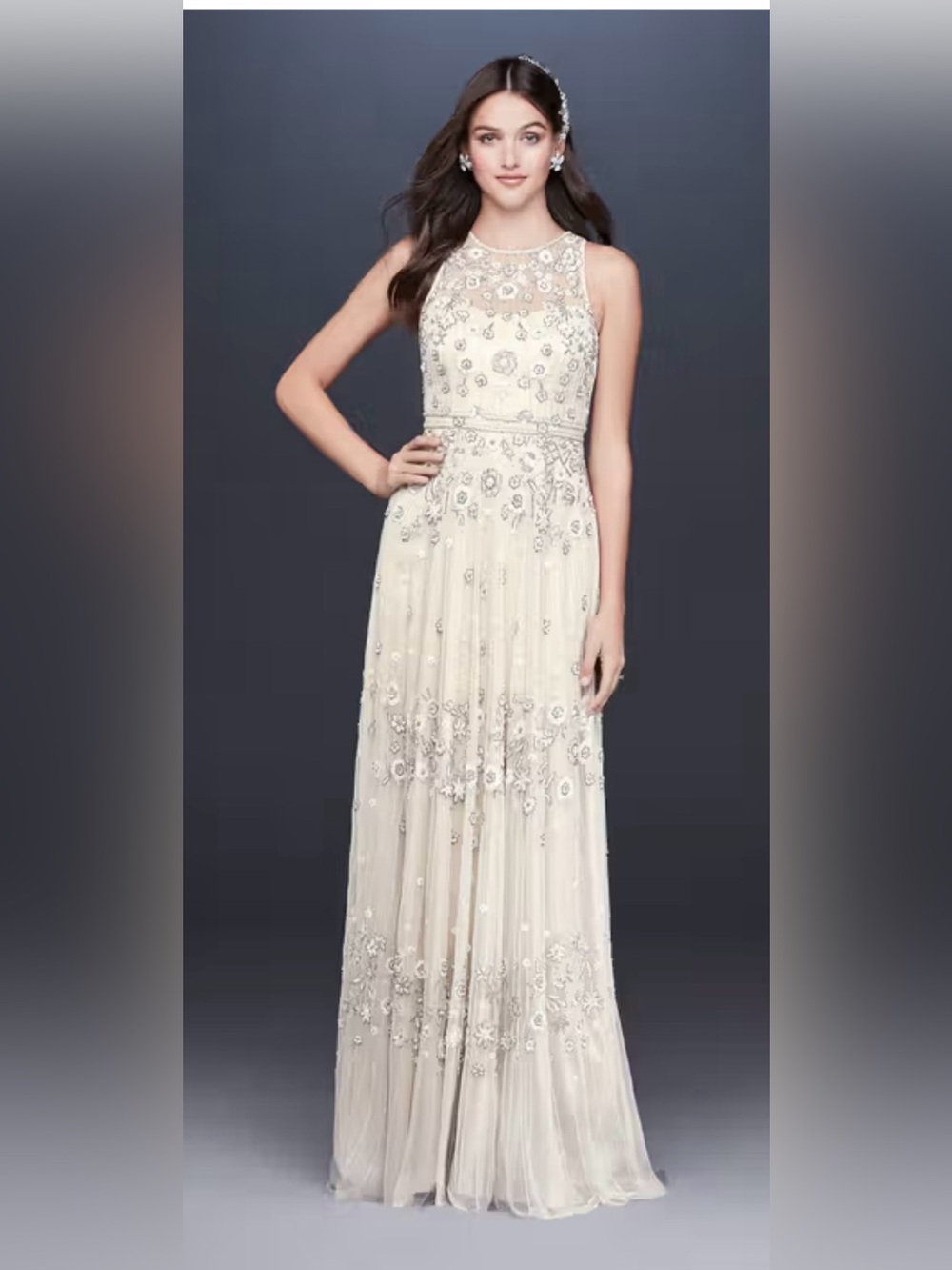 704. Adrianna Papell Ivory Beaded Floral Maxi Dress